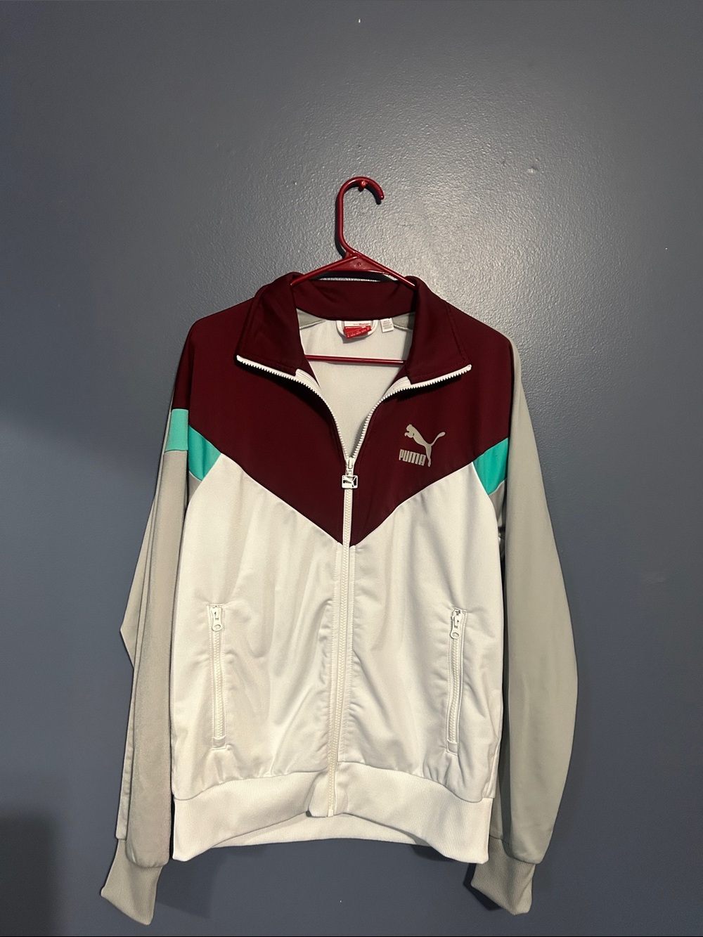 Puma Colorblock Varsity Jacket in Maroon, White, Teal & Gray
